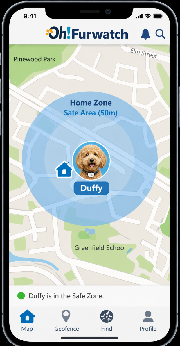 Oh!Furwatch app showing Duffy safe in the home zone